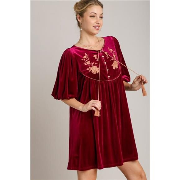 Umgee Embroidered Half Sleeve Velvet Mini Dress with Tassel - Picture 15 of 16